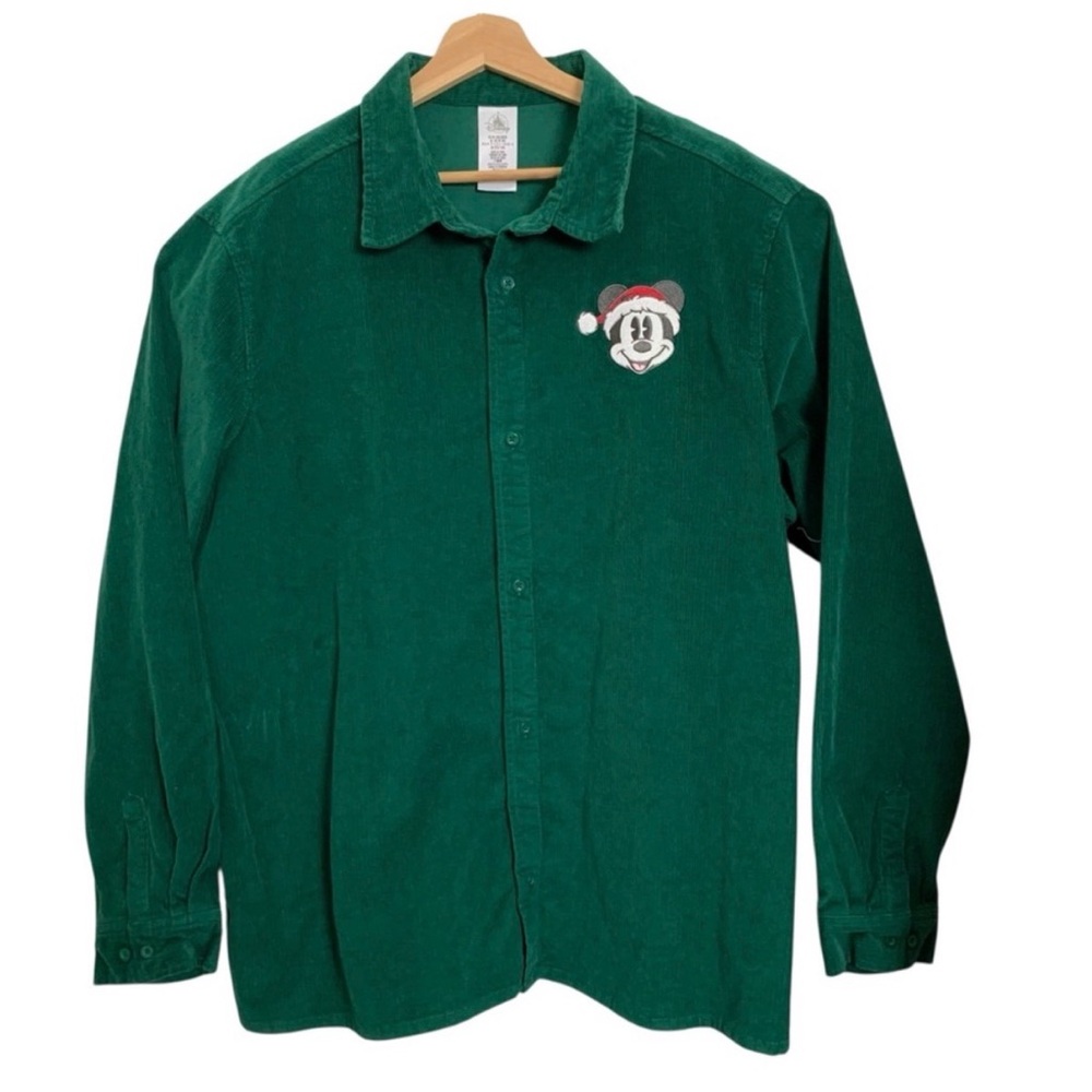 Disney Mickey Mouse Christmas Santa Corduroy Long Sleeve Shirt Mens XXL Green